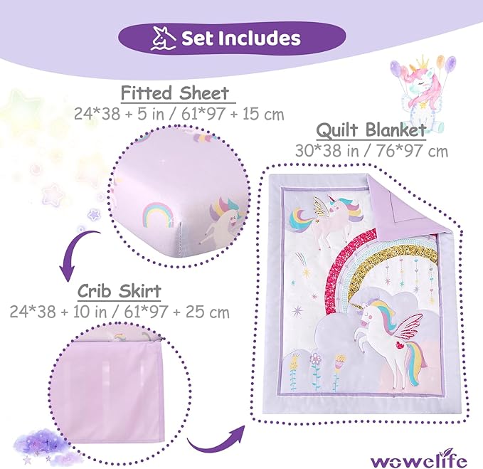 Wowelife Mini Girl Crib Bedding Set, 3 Piece Unicorn Mini Crib Comforter Set, Baby Girl Nursery Bedding Set Include Breathable Comforter, Crib Skirt and 38x24 Sheet, Purple