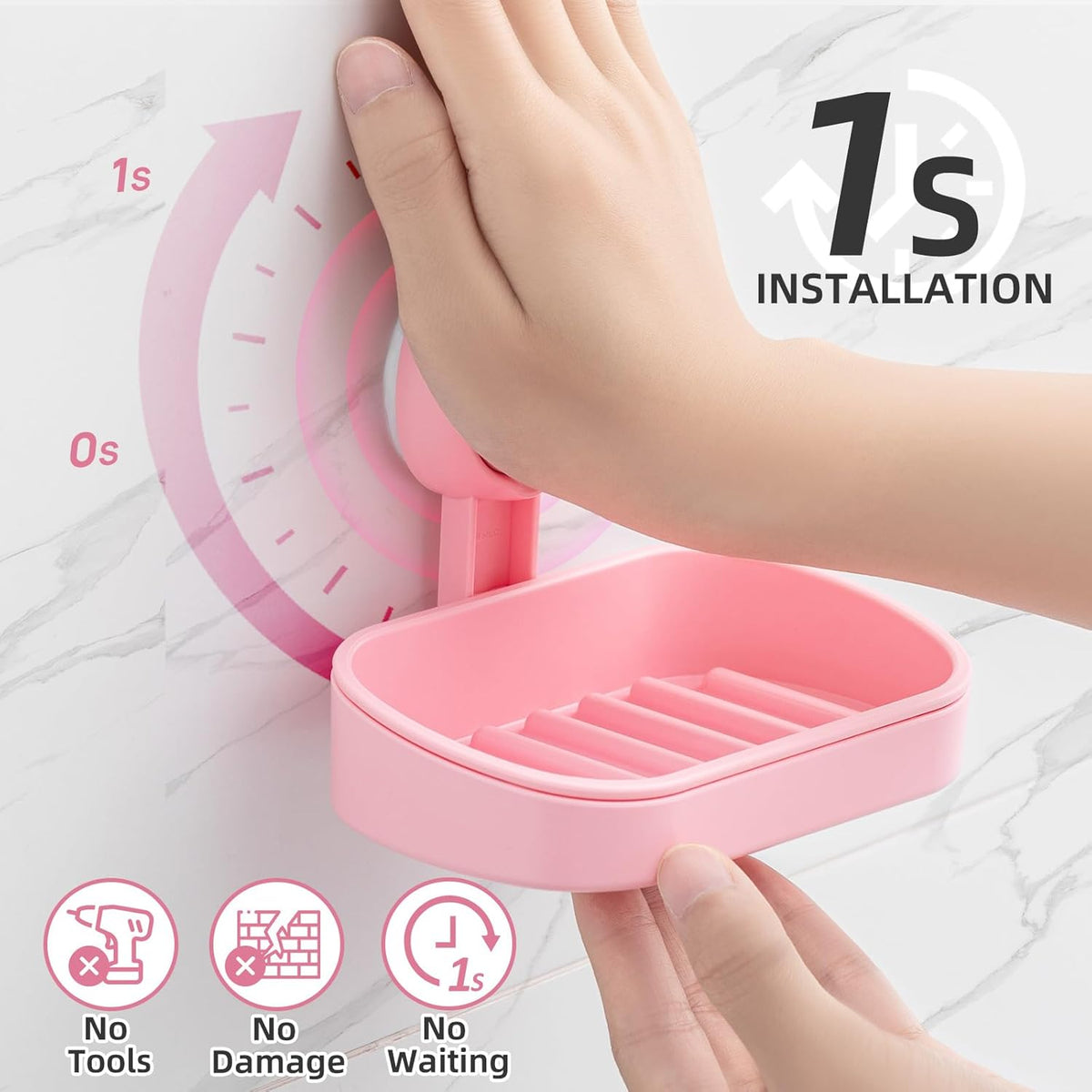 LEVERLOC Soap Dish Holder for Shower Suction Cup Wall Mounted Self Draining NO-Drilling Removable Bar Soap Sponge Holder for Bathroom Bathtub Kitchen Sink Waterproof Strong Vacuum Suction, Pink