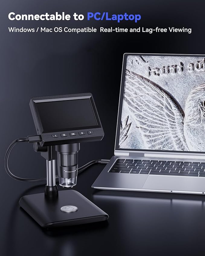 Digital Microscope, Coin Microscope with Light Adjustable Brightness 4.3" HD LCD Screen, 1000X Zoom PC View, Compatible with MacOS & Windows - Black
