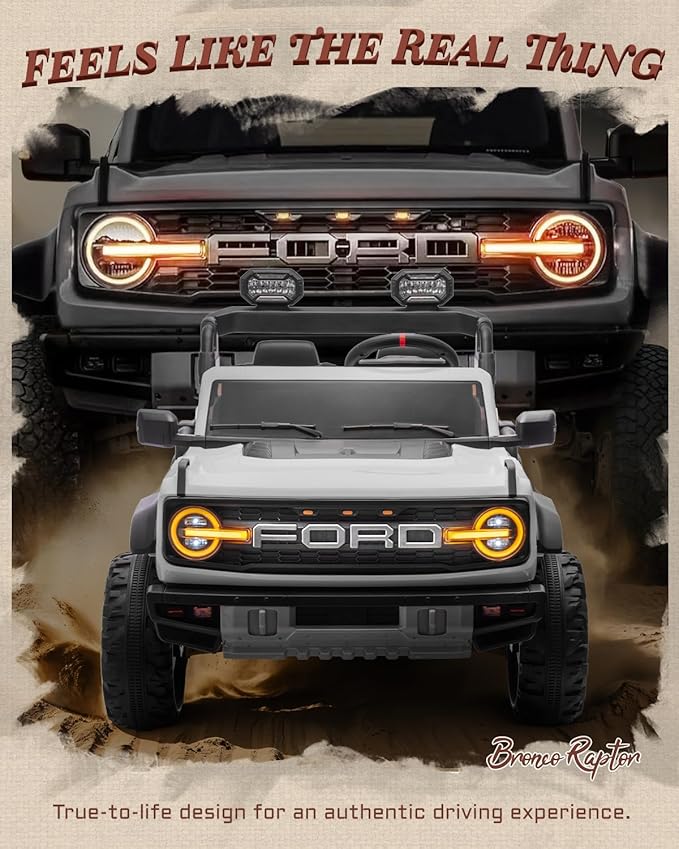 Licensed Ford Bronco Raptor 24V 2 Seater Kids Ride on Toys, Battery Powered Electric Ride on Car, Remote Control Electric Car w/Led Lights, Music, High Low Speed (24V, White)