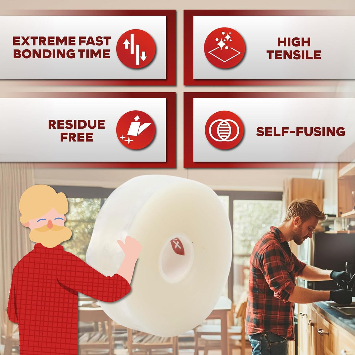 XFasten Self Fusing Silicone Tape Waterproof Clear – 1" x 36 Feet, Self Amalgamating Tape, Silicone Rubber for Plumbing, Sealing Pipes, Hose Repair, Outdoor Coax and Electrical Cables – Weatherproof