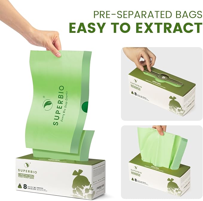 SUPERBIO 8 Gallon Compostable Drawstring Kitchen Waste Bags,30.3 Liter, 30 Count, 1 Mil,Heavy Duty Food Waste Bags, BPI, Seedling and OK compost INDUSTRIAL
