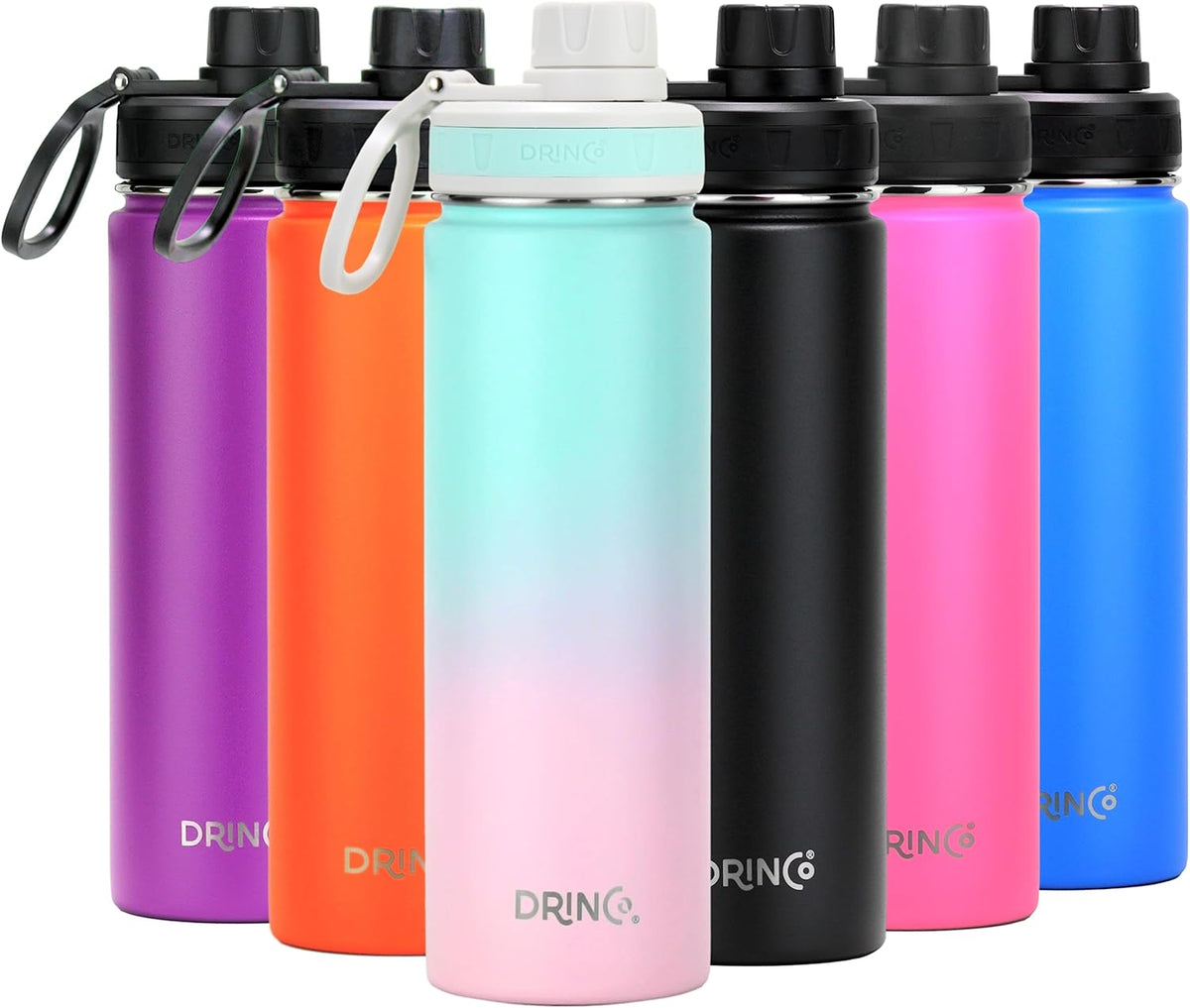 DRINCO Stainless Steel Water Bottle Spout Lid Vacuum Insulated Double Wall Water Bottle Wide Mouth (40oz 32oz 22oz 18oz 14oz) Leak Proof Keeps Cold or Hot (22 oz, 22oz Macaron)