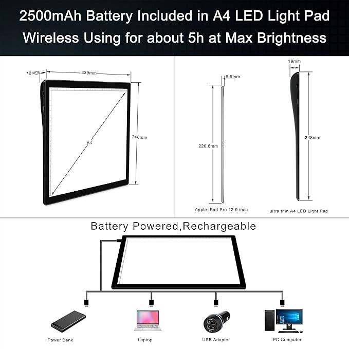 A4 Wireless Battery Powered Light Pad with Case, TOHETO Tracing Light Box Dimmable Brightness Rechargeable LED Light Board Portable Cordless Copy Board for Artist Drawing Sketching X-ray Viewing