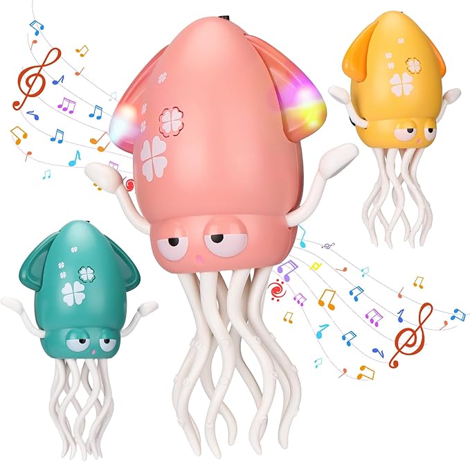 Magic Electric Dancing Octopus Toy with Led Light and Music,Playful Automatic Evasion Crawling Dancing Octopus with Fishing Rod,Smart Tentacle Explorer Dancing Squid Toy Tummy Time Baby Toys,Pink