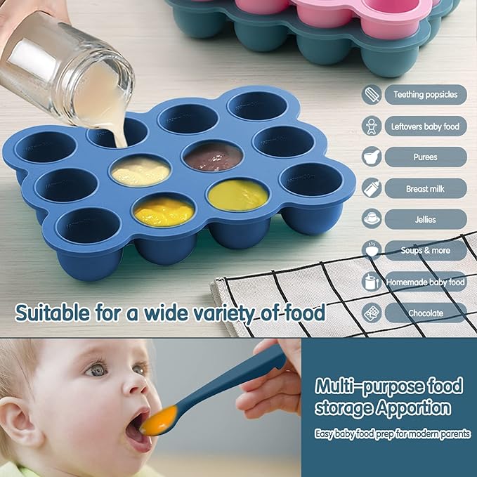 Baby Food Storage 12 x 1.5OZ Silicone Freezer Tray with Lid, Food Grade Silicone Containers for Purees & Vegetables Midnight Blue