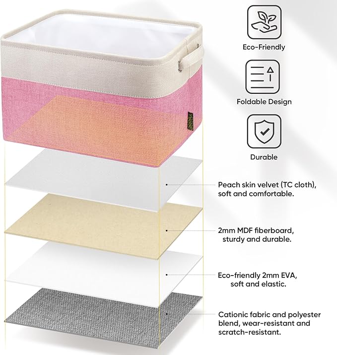 BALEINE 2 Pack Fabric Storage Bins for Shelves, Linen Storage Baskets for Organizing, Decorative Closet Bins for Clothes, Home (Pink, 12"x8"x8")
