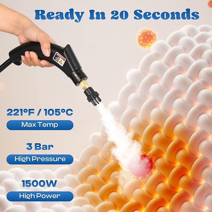 Moongiantgo Handheld Steam Cleaner High Pressure Timed Steamer for Cleaning for Home Kitchen Upholstery, Portable Pressurized Cleaning Machine for Car Detailing, Bathroom Grout Tile, 1200ml