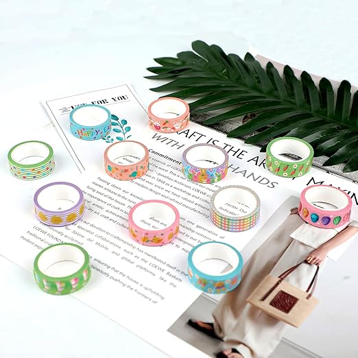 12 Rolls Summer Farm Washi Tape, Farm Animals Chicks Rabbits Masking Tape, Plaid Pattern Decorative Paper Stickers for Summer Holiday Scrapbook Journal DIY Crafts Gift Packing 16.4FT