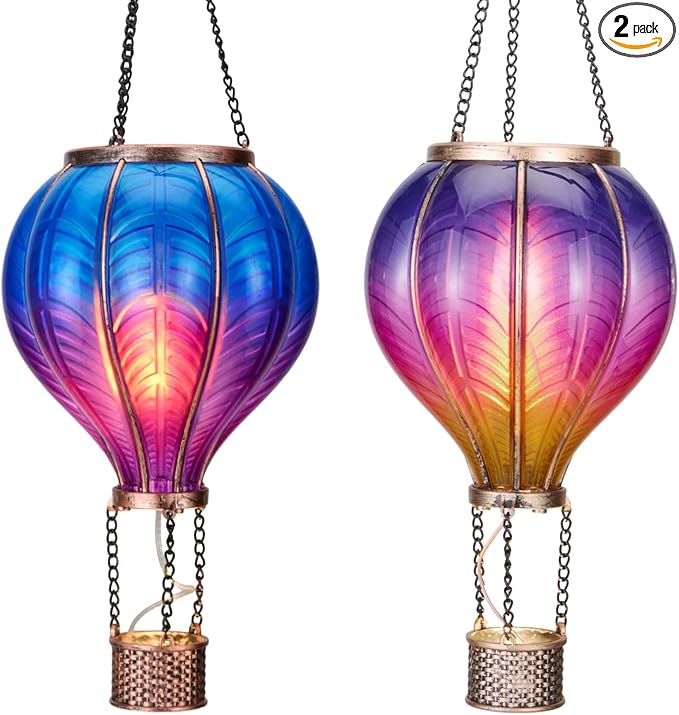 TERESA'S COLLECTIONS 2 Pack Hanging Solar Lantern Outdoor Garden Decor for Valentine ,Waterproof Plastic Hot Air Balloon Purple Flickering Flame Effect Lantern for Yard Tree Gift for Mom,18"