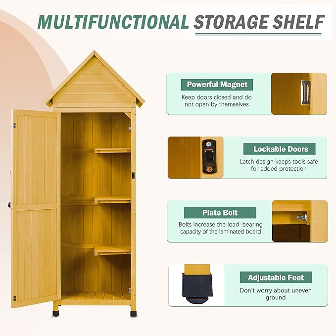 Wooden Outdoor Storage Cabinet,Tall Vertical Garden Tool Shed with Waterproof Metal Roof & Adjustable Feet – Perfect for Yard, Patio, Lawn & Deck (Yellow, 22" x 26" x 67")