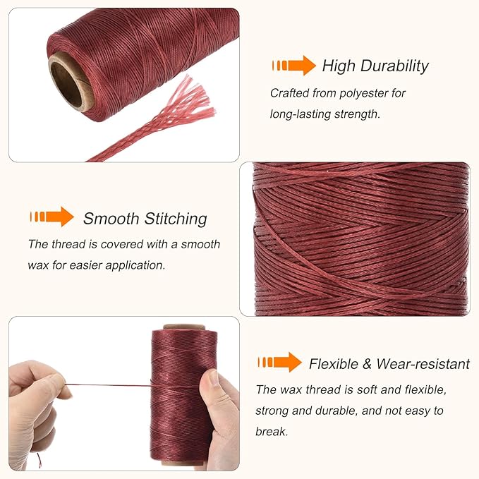 MECCANIXITY Waxed Thread,284 Yard 0.8mm 150D Flat Wax Thread Polyester Waxed String for Leather Sewing Hand Weaving Book Binding Home Decoration,Deep Red