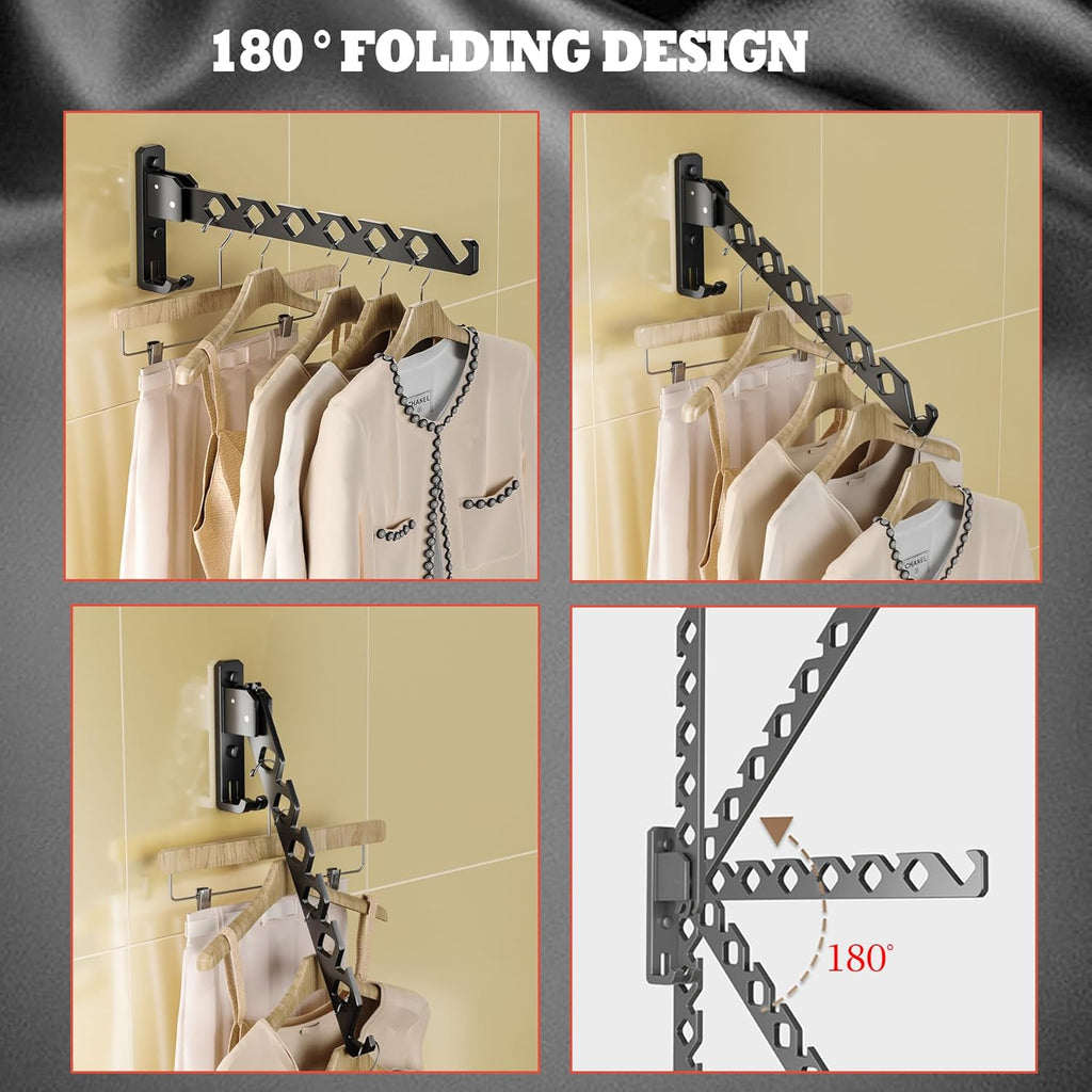 Dr.DJ Wall Mount Coat Hanger Holder Black Clothes Drying Organizer Rack Garment Hooks Aluminium Retractable Folding Indoor Wall Mounted Hanger Space Saver for Laundry Room Bedroom Black 2Pack