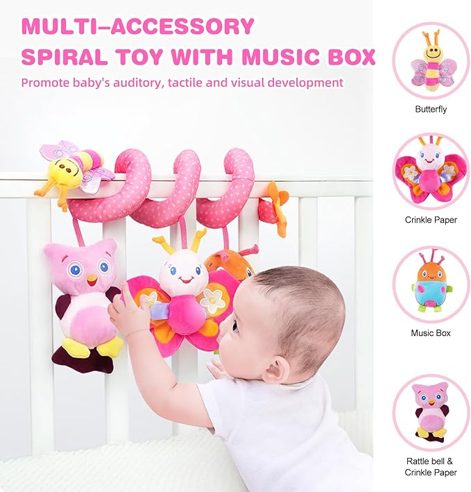 Jollybaby Baby Car Seat Stroller Toys, Plush Activity Hanging Spiral Activity Pram Crib with Music Box, Rattles, Squeaker for Babies Infant Boys Girls(Pink)