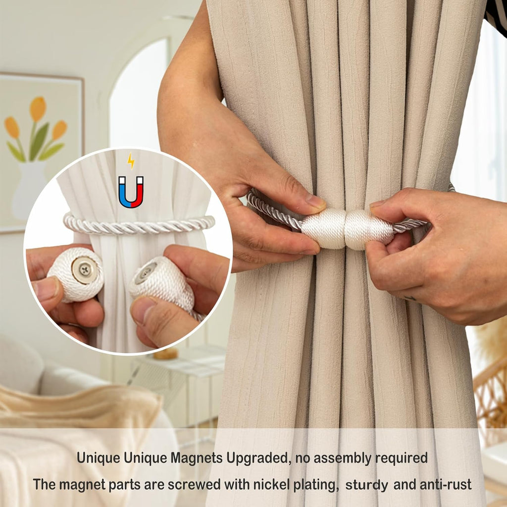 Magnetic Curtain Tiebacks Rope Tie Backs 2 Pack Curtains Holders for Drapes Decorative Window Holdbacks, White