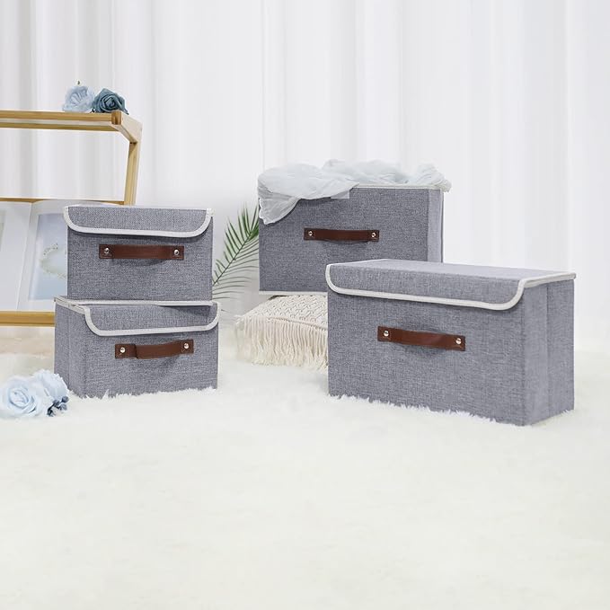 ANMINY 4PCS Storage Bins with Lid PU Leather Handles Storage Boxes PP Plastic Board Decorative Foldable Lidded Cotton Linen Fabric Home Cubes Baskets Closet Organizer Containers - Gray, Small Size