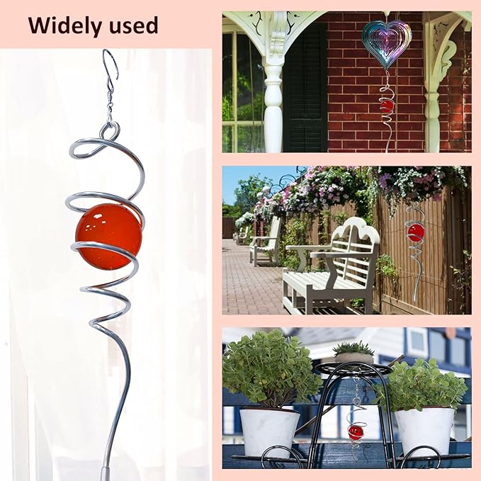 Gazing Ball Spiral Decorative Wind Spinner Sun Catcher 11inch Tail and 2 inch Glass Orb. Indoor Outdoor Garden Decoration Wind Sculptures Wind Spinner Tail-13 inch Height (red)