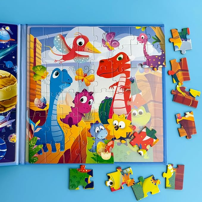 QUOKKA Magnetic Puzzles for Toddlers 4-6 - 2x48 Travel Puzzle Games for Kids Ages 3-5 Years Old - Dinosaur Car Activities Toy for Boys and Girls 2-4 yo - Space Learning Magnet for Road Trip