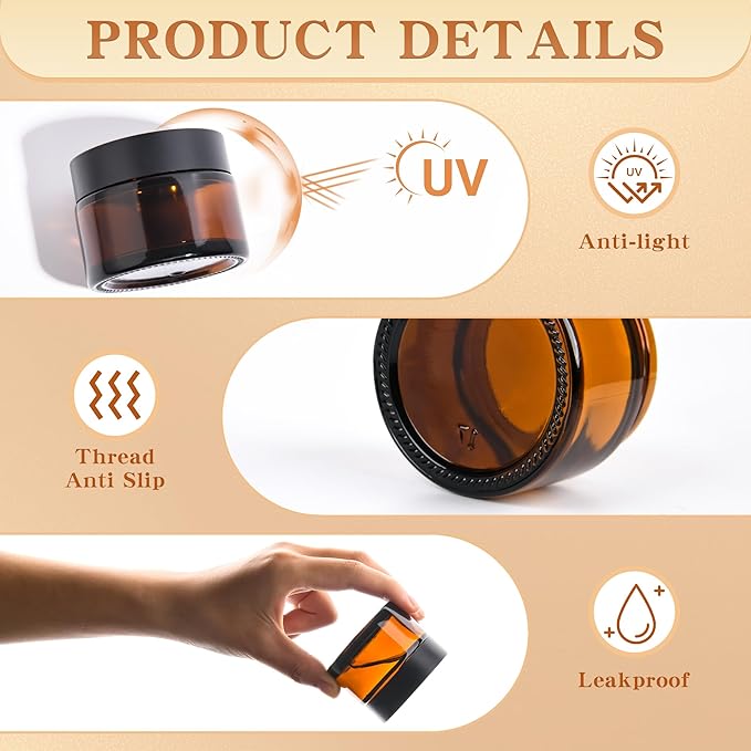 Glass Jars with Lids,Eco-Friendly Cosmetic Containers with Airtight Black Lids & Liners, Multi-Color Options for Cream, Lotion, Body Butter, DIY Skincare Travel Jars (Amber, 2oz)