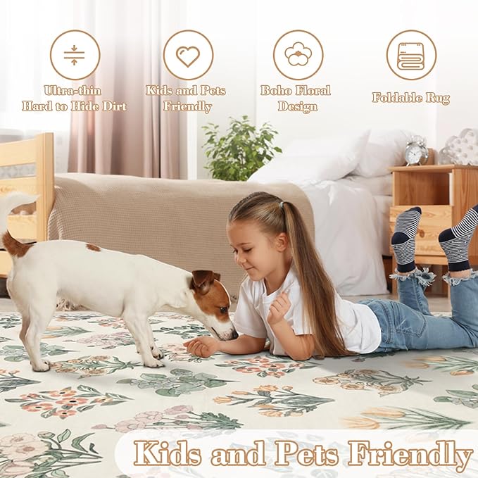 Wonnitar Nursery Rug for Baby Girl, Washable Moroccan Floral 5x7 Rug, Ultra-Thin Non Slip Neutral Flower Print Carpet for Living Room Kids Room Dorm Home Decor, Cream Beige