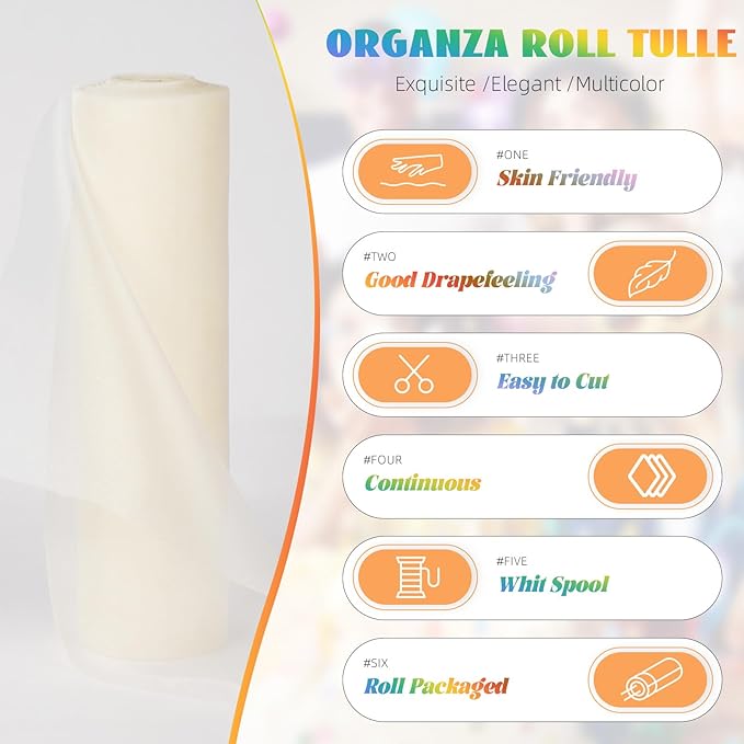 Crystal Organza Fabric Tulle 11 Inch by 50 Yards Sheer Tulle Rolls for DIY Craft Wedding Party Baby Shower Decor Gift Wrapping Party Supplies (Ivory)