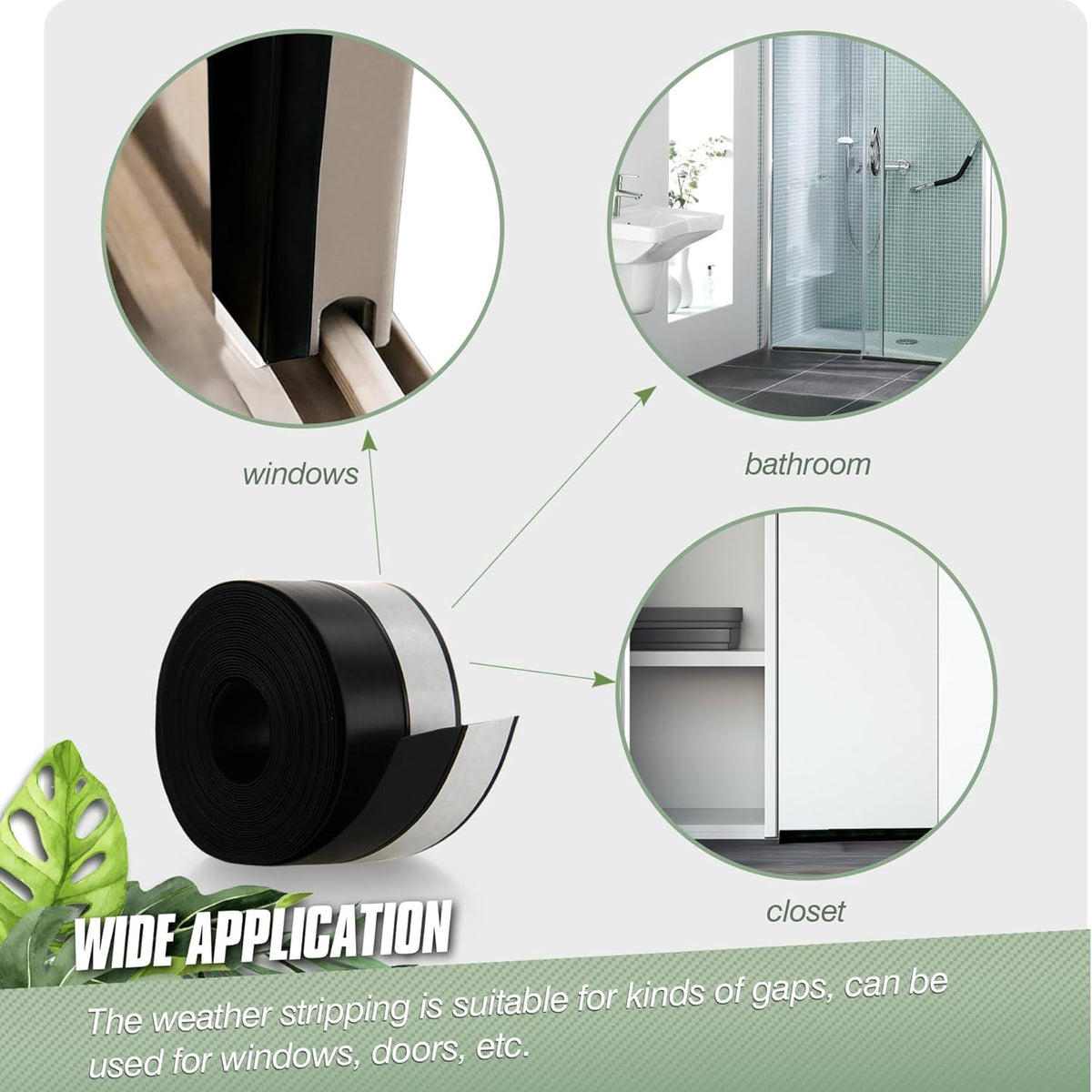 Silicone Weather Stripping Door Seal Strip, 16.4 Feet Self Adhesive Sealing Sticker Sealing Tape for Door Draft Stopper Adhesive for Doors Windows Shower Glass Gaps (Black, Width 35mm)
