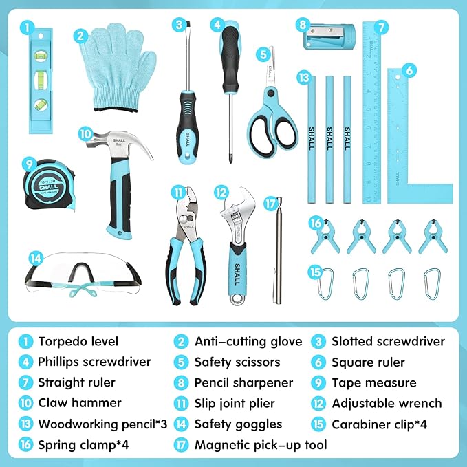 SHALL 26-Piece Kids Size Tool Set, Real Tools Kit for Kids with 12" Tool Bag, Safety Certified Children Learning Tool Set with Hand Tools for Boys & Girls Age 6+, DIY Building, Woodwork & Construction