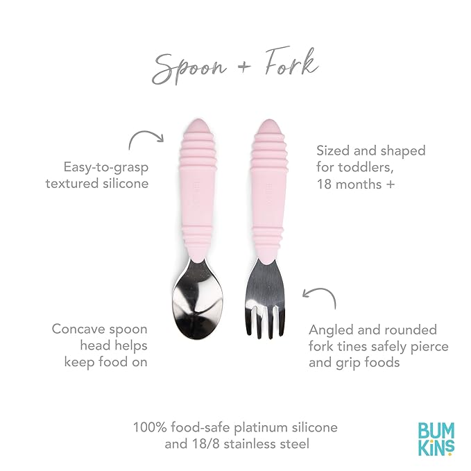 Bumkins Toddler Utensils, Kids Fork and Spoon Set, Silicone and Stainless-Steel Silverware, Angled Forks / Sporks for Self-Feeding, Children Training Flatware Cutlery for 18 Months Up, Pink