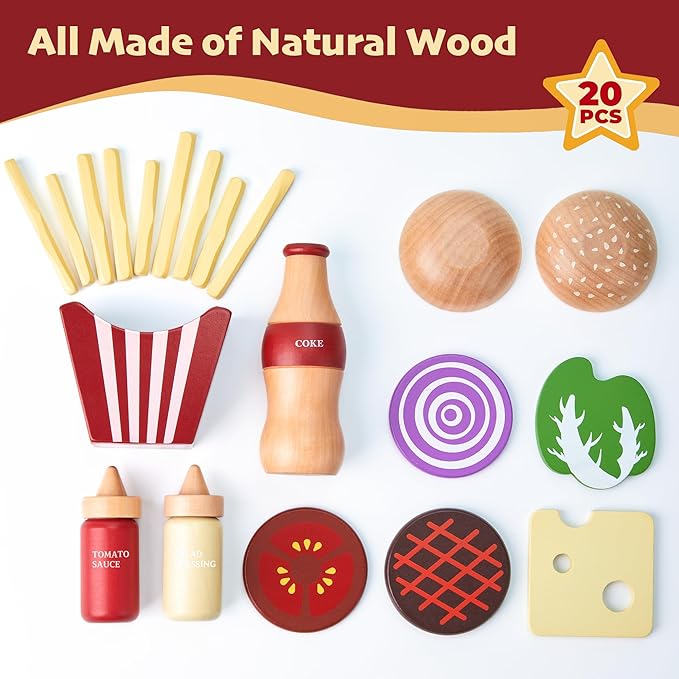 Wooden Play Food for Kids Pretend Hamburger Set Fast Food Toy Play Kitchen Accessories for Toddlers Toy Food Gift for Boys Girls Educational Toys