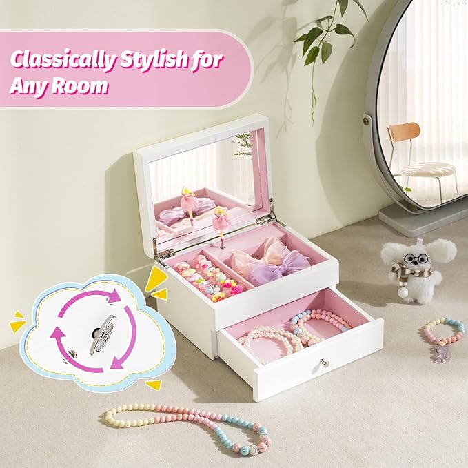 Miratino Music Jewelry Box Gifts for Girls, Wooden Kids Jewelry Boxes & Organizers with Spinning Dancer, Musical Jewelry Storage Gift for Little Girl Toddler Christmas Birthday New Year (White)