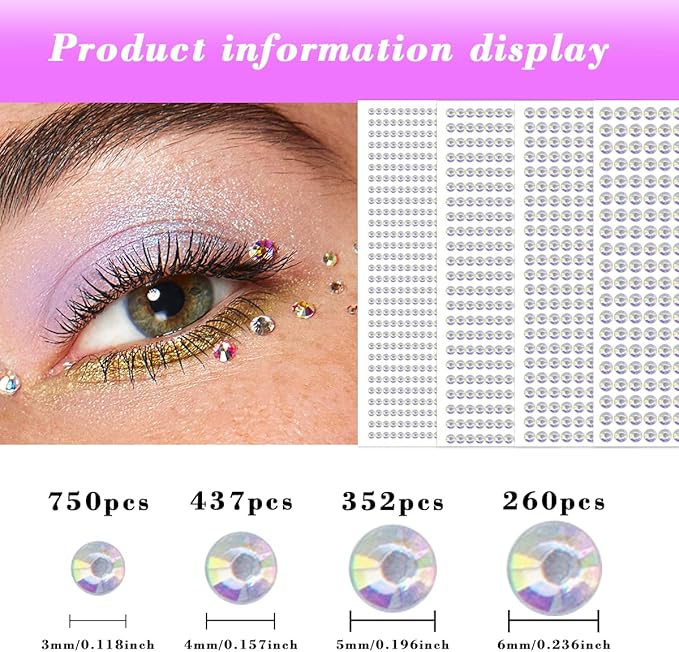 1799pcs Self Adhesive Face Gems Stickers, Hair Gems Rhinestones Stickers, Bling Jewels for Makeup, Crafts, Home Decor Scrapbooking Embellishments, 4 Sizes 3mm/4mm/5mm/6mm(AB Rhinestones)