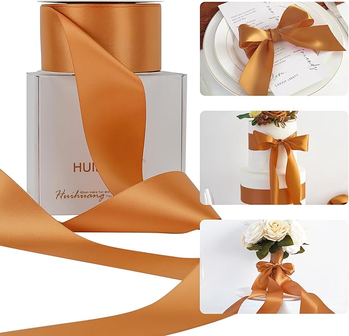 HUIHUANG Burnt Orange Ribbon 2 inch Wide Double-Faced Orange Satin Silk Ribbon for Flower Bouquet Wrap, Gift Wrapping, Fall Wedding Decor, Crafts and Bows Making- 25 Yards/Roll