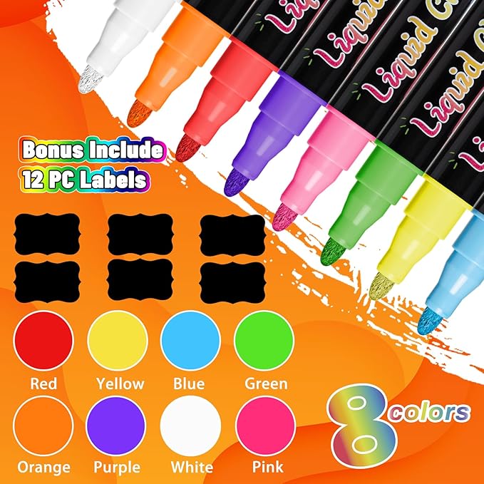 Chalk Markers, Vibrant Color Liquid Chalk Pens, for Chalkboard, Blackboard, Window, Glass, Mirror, Water-Based, Non-Toxic, 6mm Reversible Tip, 8 Pack