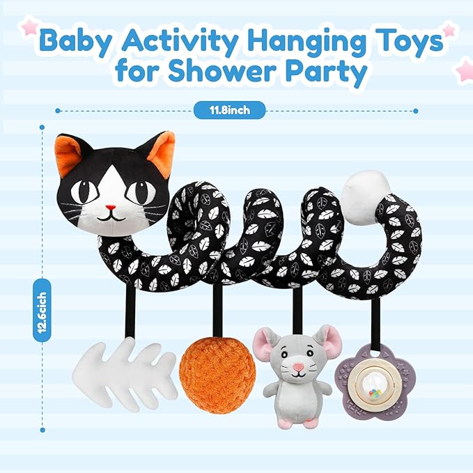 Car Seat Toys for Babies 0-6 Months,Hanging Rattle Toys for Crib Mobile, Baby Spiral Hanging Stroller Black and White High Contrast Toys for Newborn 0 3 6 9 12 Months Baby Boys Girls (Cat)