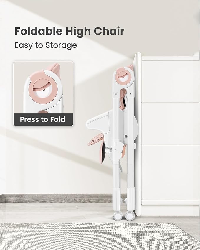 Foldable High Chair with Soft Cushion, High Chairs for Babies and Toddlers, Height Adjustable Feeding Chair, Adjustable Backrest and Footrest, Lockable Wheels, Star Pink