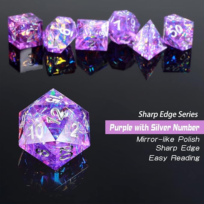 DNDND Sharp Edge Dice Set,Handmade 7 Piece DND Dice with Gift Case for DND Dungeons and Dragon Game (Purple with Silver Number)