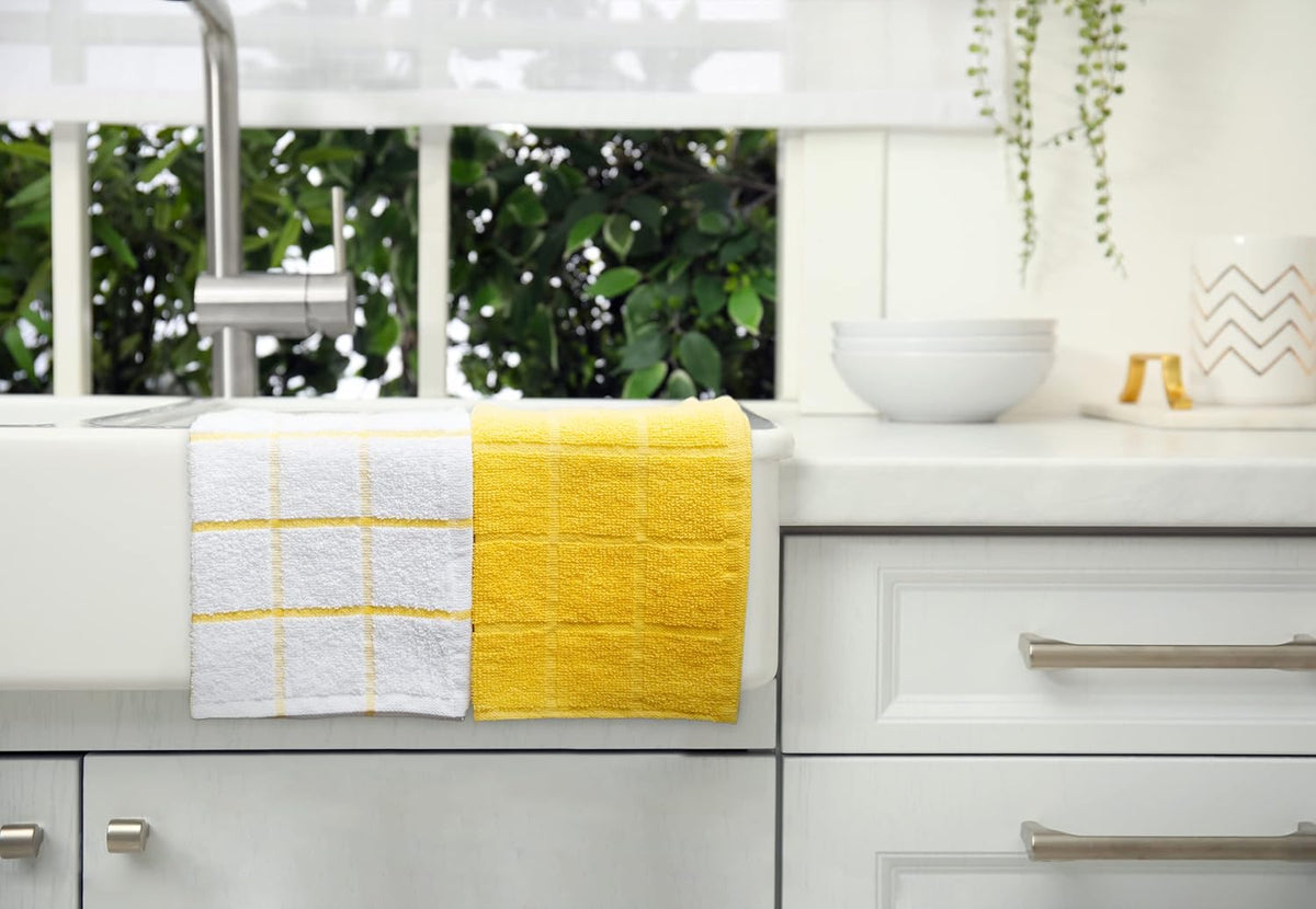100% Cotton Terry Dish Cloth & Dish Towel, 6 Pack, Super Soft and Absorbent Kitchen Towels, Perfect for Kitchen Cleaning and Dish Washing (Yellow (Solid and Checks) 8 Pack)