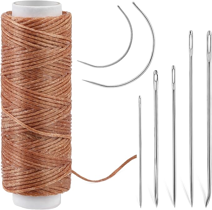 Ftyiwu Waxed Thread, Upholstery Needle and Thread 32 Yards with 7PCS Hand Sewing Needles for Home Upholstery Carpet Canvas Repair Leather Sewing (Dark Khaki)