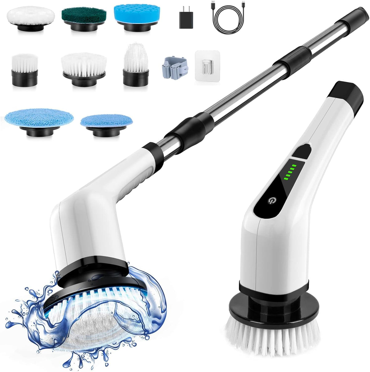 Electric Spin Scrubber, Cordless Cleaning Brush Scrubber for Home, 8 Replaceable Brush Heads-90Mins Work Time, 3 Adjustable Size, 2 Speeds for Bathroom Shower Bathtub Glass Car