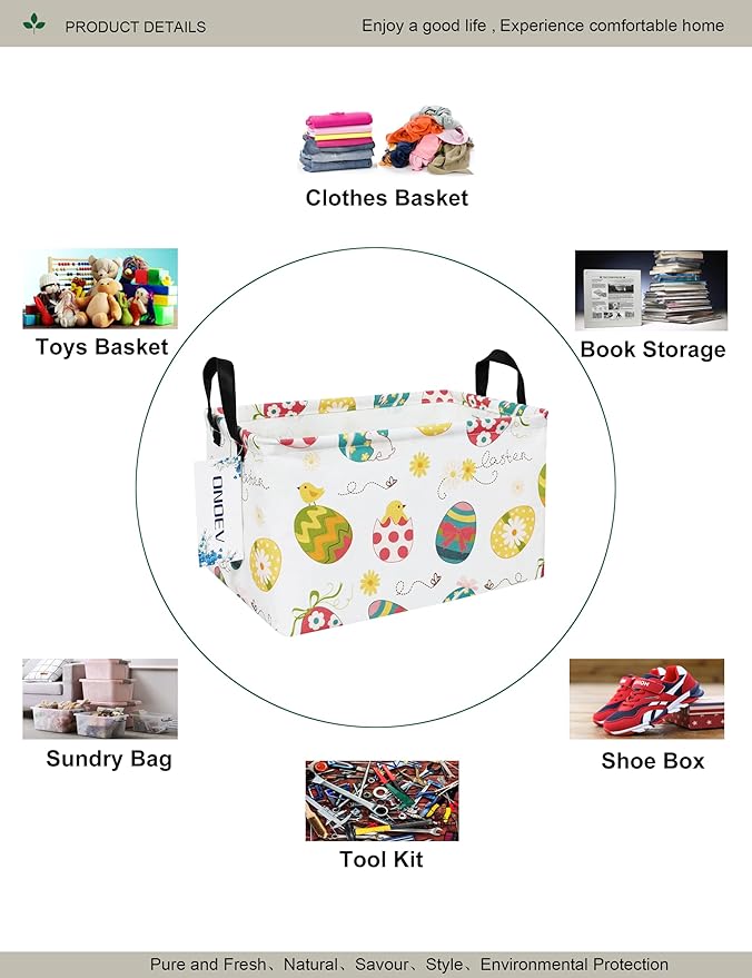 Rectangular Folding Laundry Basket,waterproof Canvas Basket,gift basket,Suitable for children's room,Office,Clothes,Toys Storage(Easter Eggs)