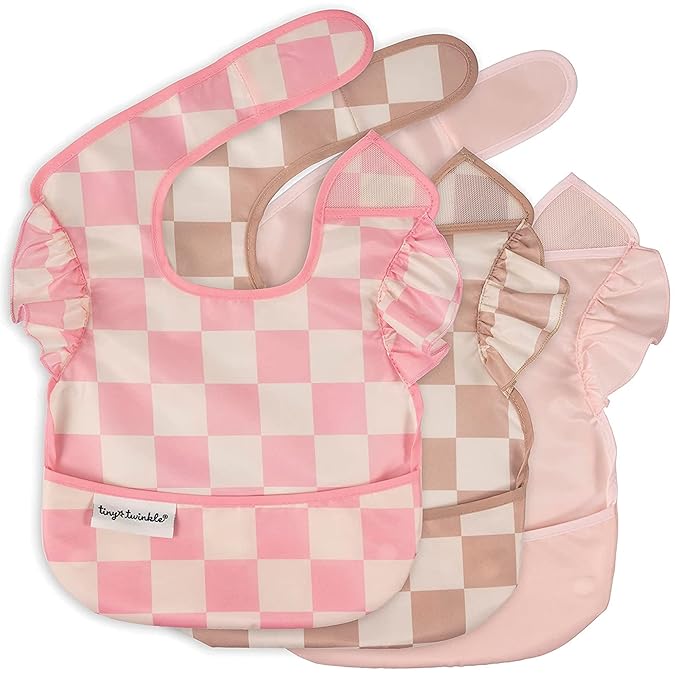 Tiny Twinkle Mess Proof Baby Bibs for Eating - Waterproof, Wipeable Bibs - Toddler Bibs - Travel Friendly - PFAS, PVC, BPA, Phthalate Free - Baby Food Bibs(3 Pack,Checkers Girl)