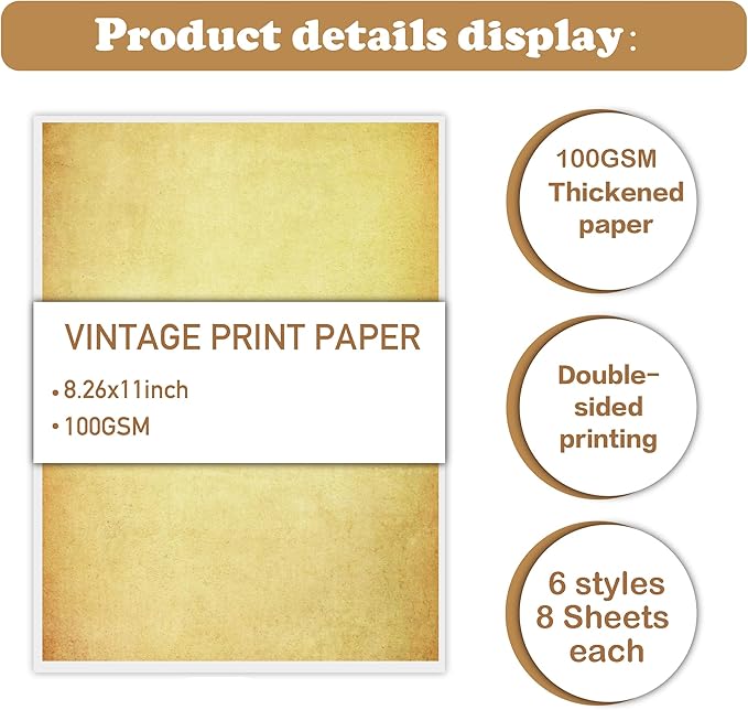 48 Sheets Vintage A4 Double-Sided Printing Paper for Journals Scrapbooking - 100GSM Antique Parchment Aged Paper, Compatible with Inkjet & Laser Printers, Perfect for Crafting, Letters & Art Projects