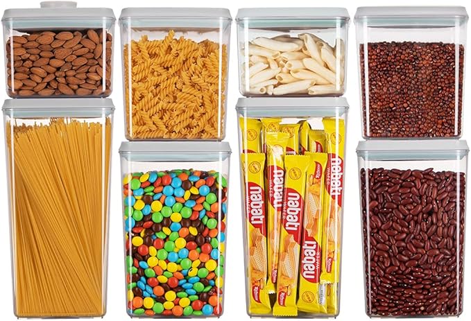Ankou Food Storage Containers Pop Airtight Food Storage Containers with Lids for Kitchen Pantry Organizing Cereal Snack Flour Sugar Coffee Spaghetti Stackable - 8 Pcs (1.2, 2.0, 2.7, 3.3qt)*2