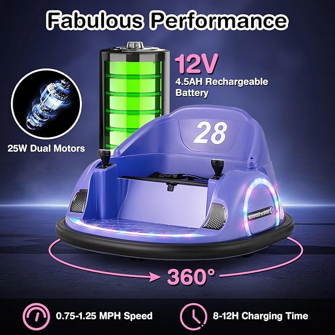 GLACER 12V Bumper Car, Electric Kids Bumper Car w/Parental Remote, 3-Speed, 360°Spin, Music, LED Light, Battery Ride on Bumper Car w/Dual Joysticks, Baby Bumper Car for Toddlers 18 Months+ (Purple)