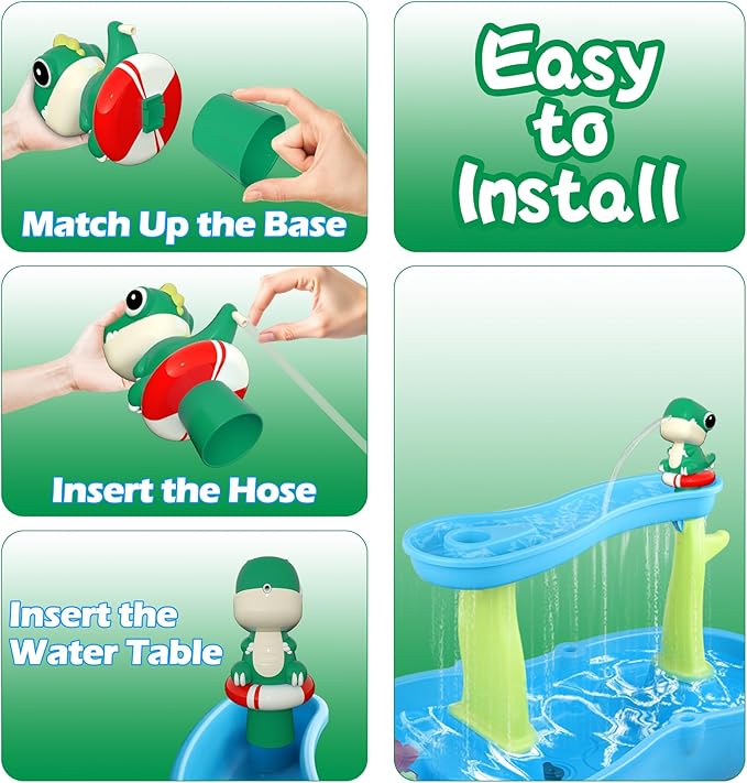 Dinosaur Water Table Pump Continuous Flow - Rechargeable Water Pump for Water Table Accessories - Summer Outdoor Water Play Toys - Battery Powered Water Pump Outside (Green)