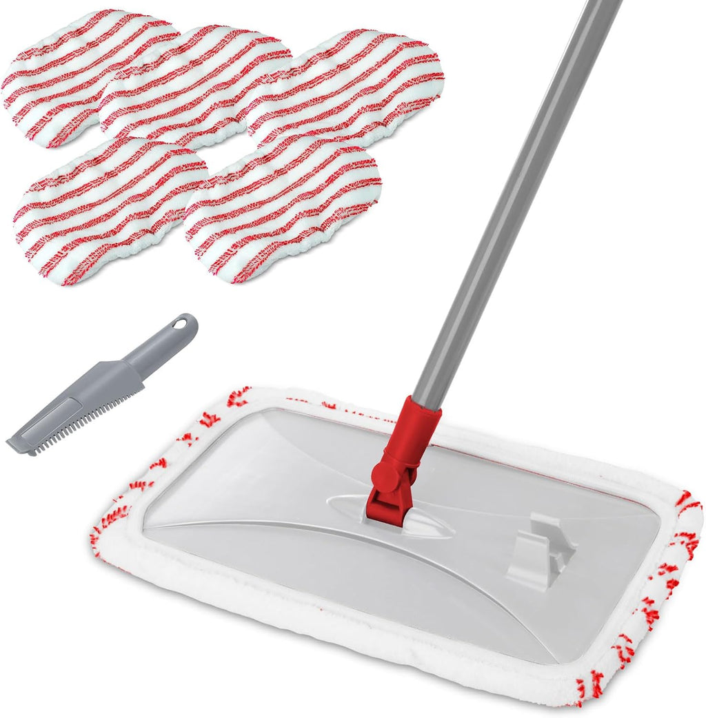 Masthome Extra Large Microfiber Mop for Floor Cleaning, 16“ Flat Mop with 5 Pad for Wet & Dry Use, Dust Mop for Hardwood Laminate Tile Ceramic, 1 Cleaning Scraper Included-Red