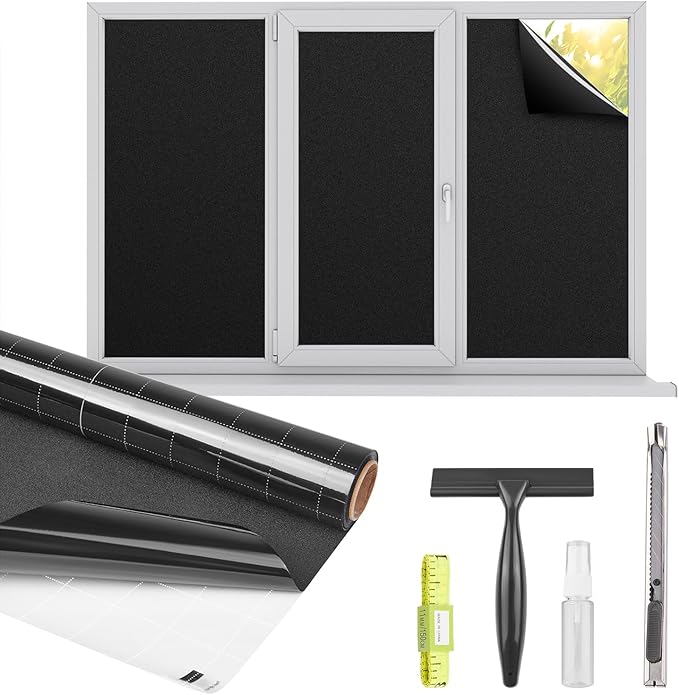 Kromapolis Blackout Window Privacy Film Total Light Blocking Room Darkening Window Covering, Removable Static Cling Frosted Glass Tint, Non-Adhesive, Black 45.2'' x 393.7''