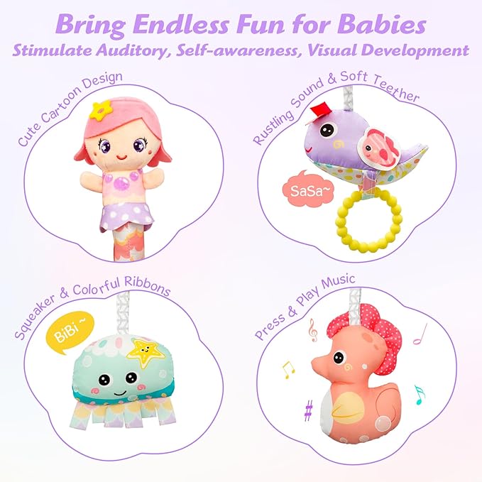Car Seat Toys for Babies 0-6 Months Boy Girl Carseat Toys Hanging Spiral Stroller Toy, Infant Toy 0-6 Months Baby Newborn 0 3 Month Brain Development with Music Teether Rattle