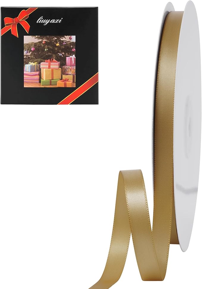 LIUYAXI Pale Gold Satin Ribbon, Double Faced 1/2" X Continuous 25 Yards Ribbons Perfect for Gift Wrapping Bows Bouquet Wedding Craft and More