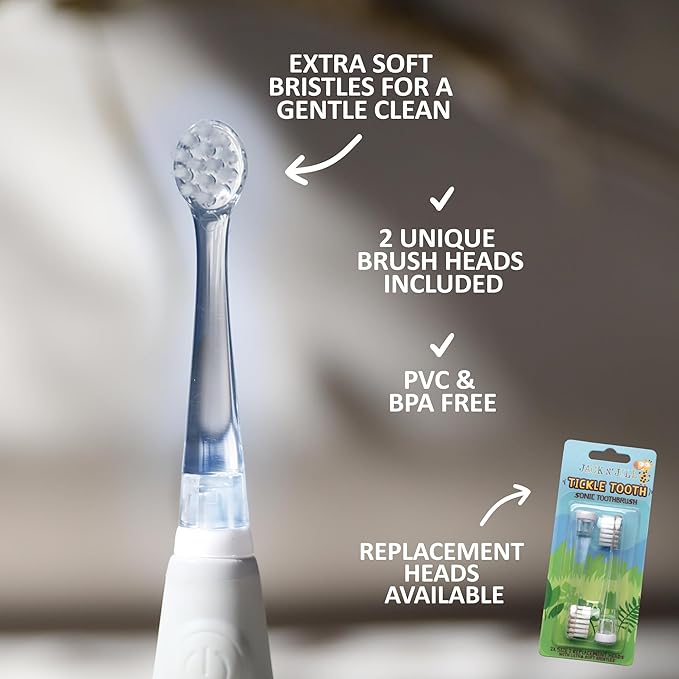Jack N' Jill Tickle Tooth Sonic Electric Toothbrush with Replacement Head - Gentle Cleaning, Made for Tiny Teeth, LED Inspection Light, for Babies & Kids, Extra Soft Bristles - (1 Pack)